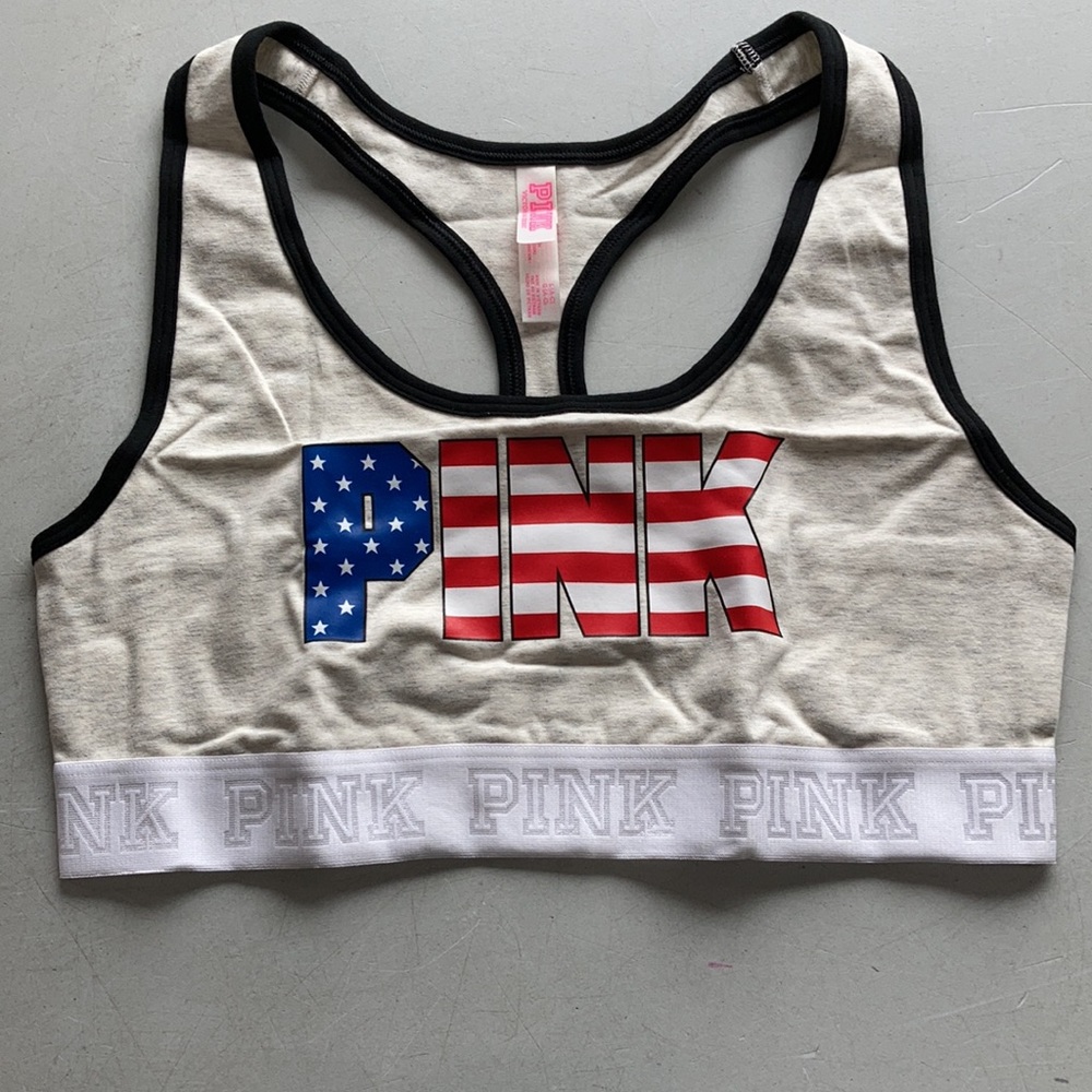 PINK Victoria's Secret Stars and Stripes Sports Bra - Cream and Black